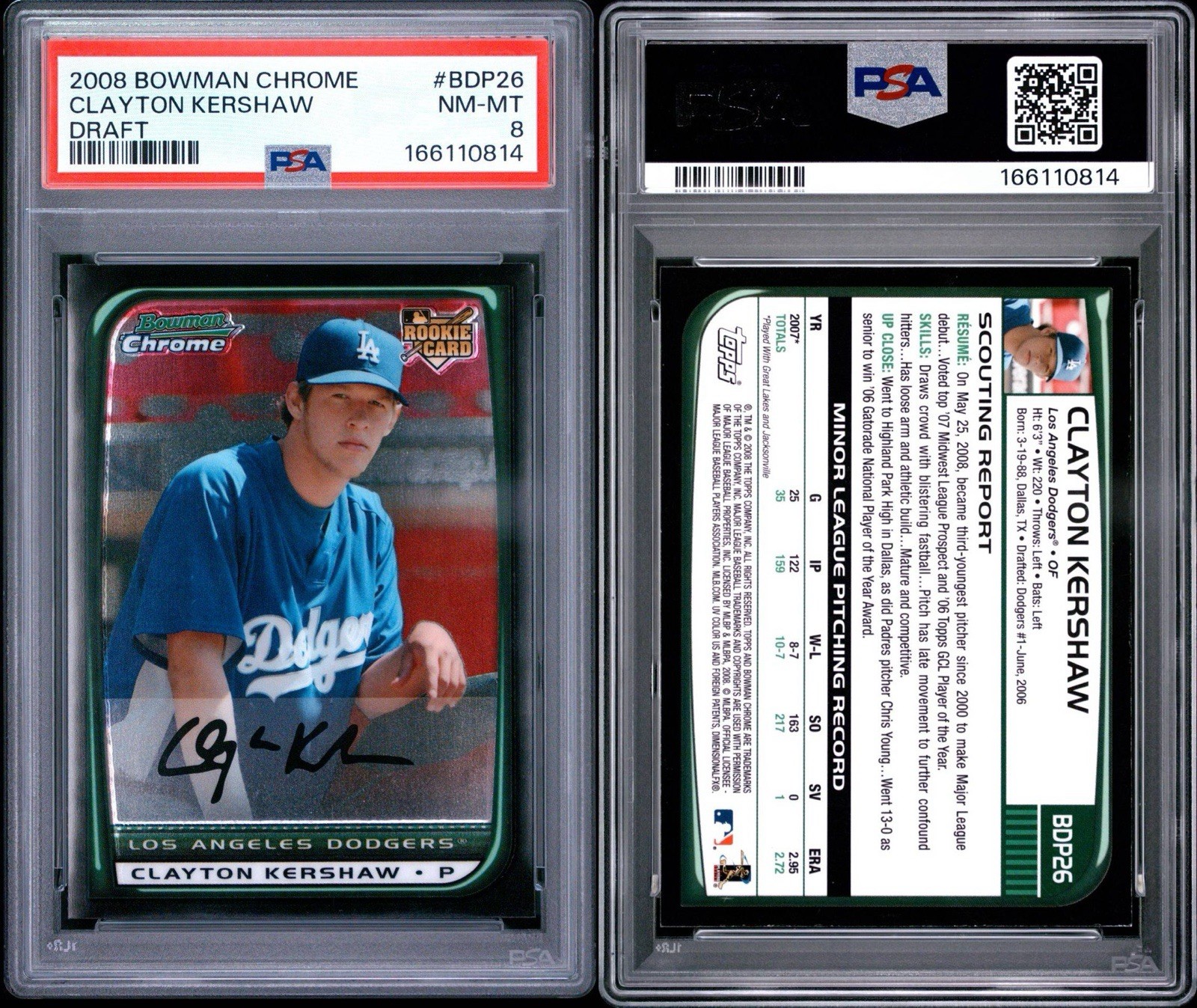 Clayton Kershaw 2008 Bowman Draft Picks & Prospects #BDP26 Chrome Rookie - PSA 8