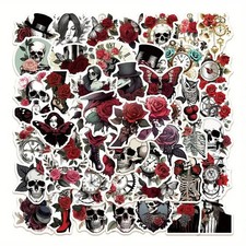 50pc Floral Red Rose Skeleton Stickers Pack Lot Laptop, Scrapbook, Journaling