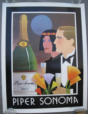VINTAGE 1980s PIPER SONOMA BRUT POSTER SIGNED by ARTIST STEPHEN HAINES HALL