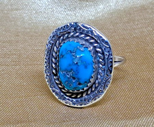 Vtg Native American Navajo Kingman Turquoise Sterling Silver Ring, Signed Sz 5