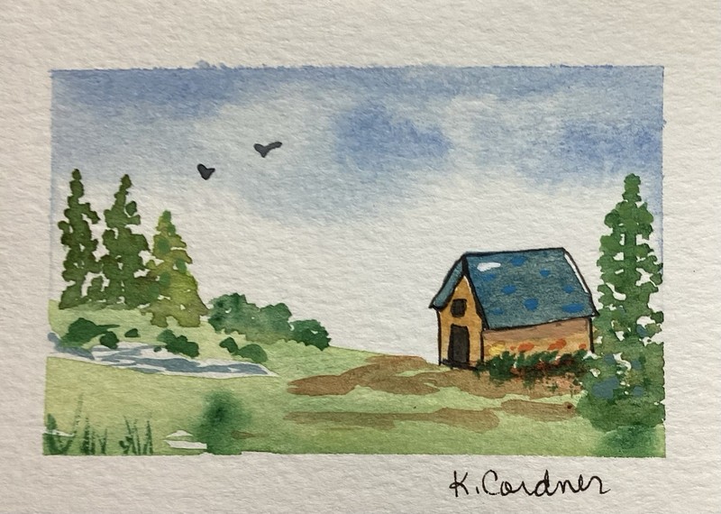 ACEO Original Painting, Blue Roof  House, Landscape,nature, Kimberly Cordner
