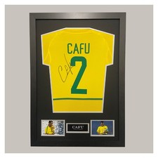 Hand Signed Framed Cafu Brazil Shirt + Proof + Coa