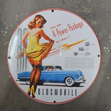 Vintage 4 Power Oildmobile Old Us Gasoline Oil Gas Pump Enamel Porcelain Sign