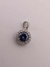 925 Sterling Silver Blue Stone Halo Pendant Round Cluster Jewellery 1.13g