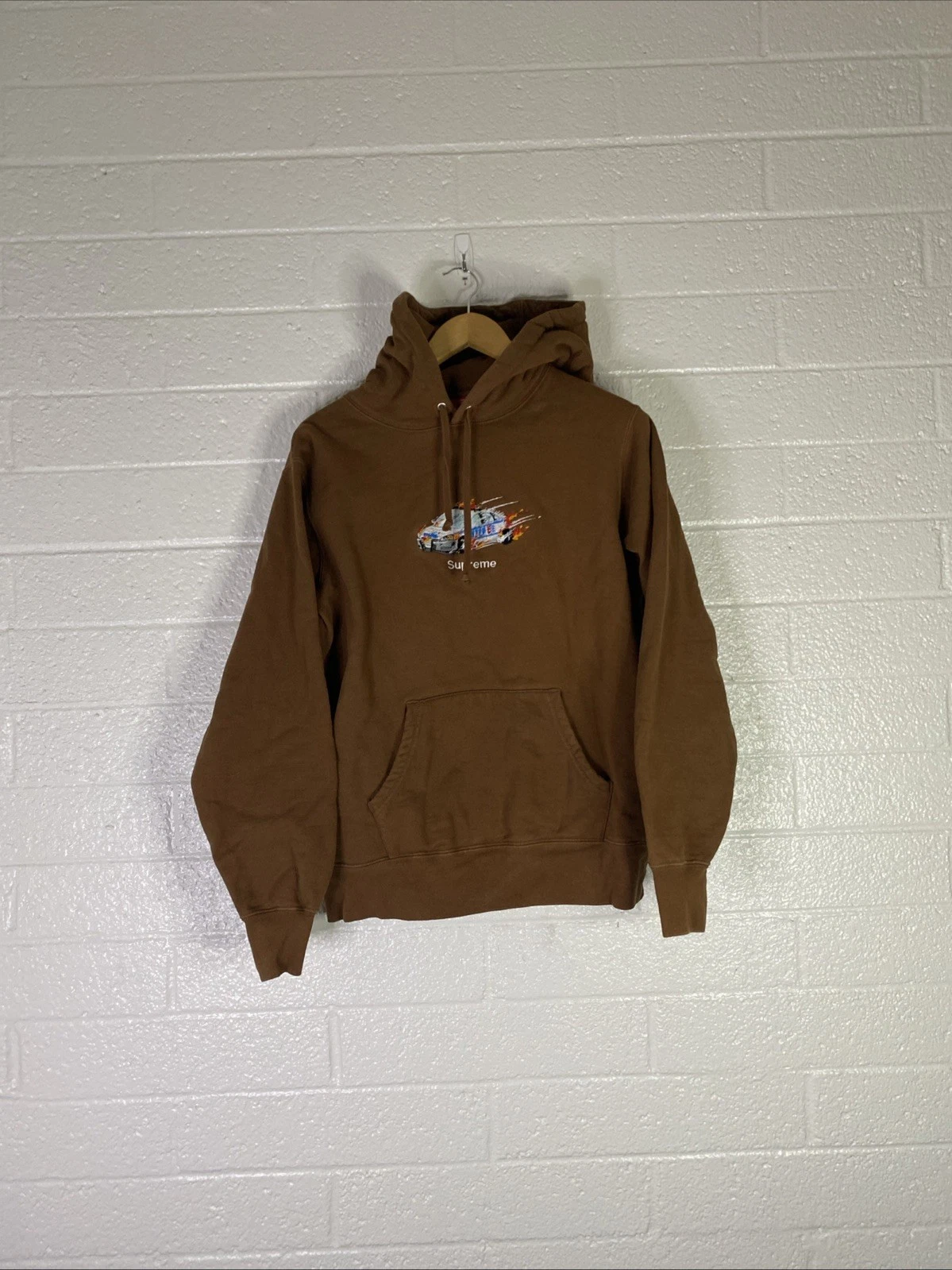 Felpa con cappuccio piccola marrone marrone chiaro poliziotto auto in fiamme Supreme ricamata poliziotto auto FW19