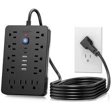 JouleLoom 6 FT Flat Plug Surge Protector Power Strip,11 Multiple AC Outlets w...