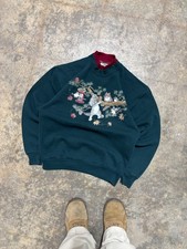 Vintage Cute Cat Graphic Sweatshirt - Green Pullover Sweater - Size Medium