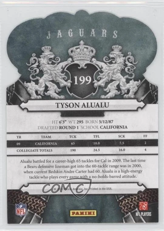 2010 Panini Crown Royale Tyson Alualu #199 Rookie RC - Image 2 of 2