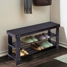 3-Layer Bamboo Shoe Rack Shoe Change Bench Stool Storage Shelf Organizer Black