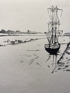 Vintage Pen And Ink Boat Drawing
