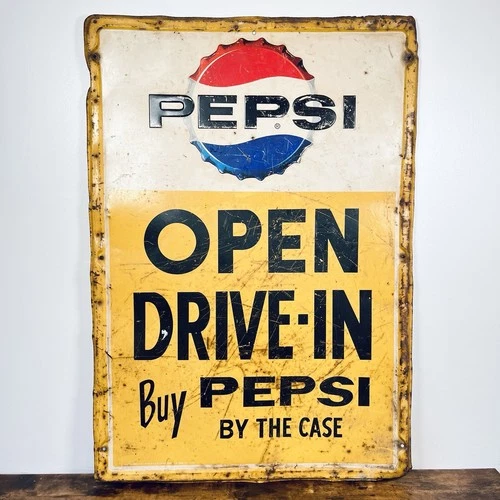 VTG OG Pepsi Drive - In Porcelain Embossed Metal Sign 27.5”x39.5” 1960’s USA