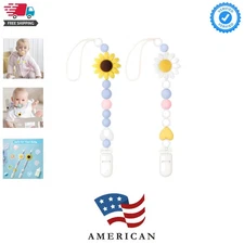 Stylish White & Yellow Sunflower Pacifier Clips - 2 Pack for Baby Girls & Boys
