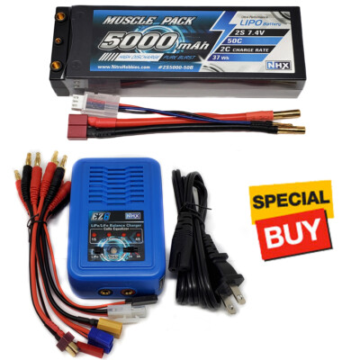 NHX Muscle Pack 2S 7.4V 5000mAh 50C Lipo Battery w/ 4mm Deans Plug / EZ6 Charger