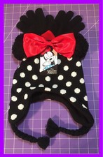    Disney Minnie Mouse Youth Knit Hat Gloves Black Pom Pom Ears Dots Red Bow NEW