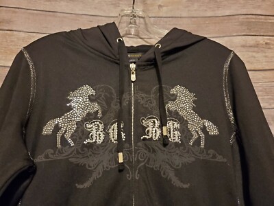 BCBG Max Azria Womens Rhinestones Full Zip Hoodie Black Size