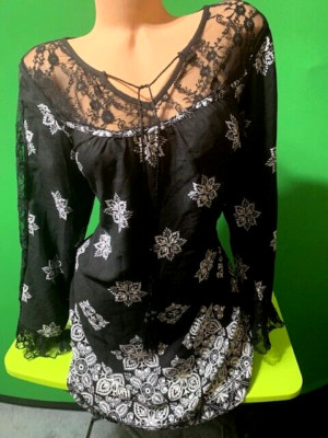 Venus New black & white shift dress - XL - tie string & tassels - black lace