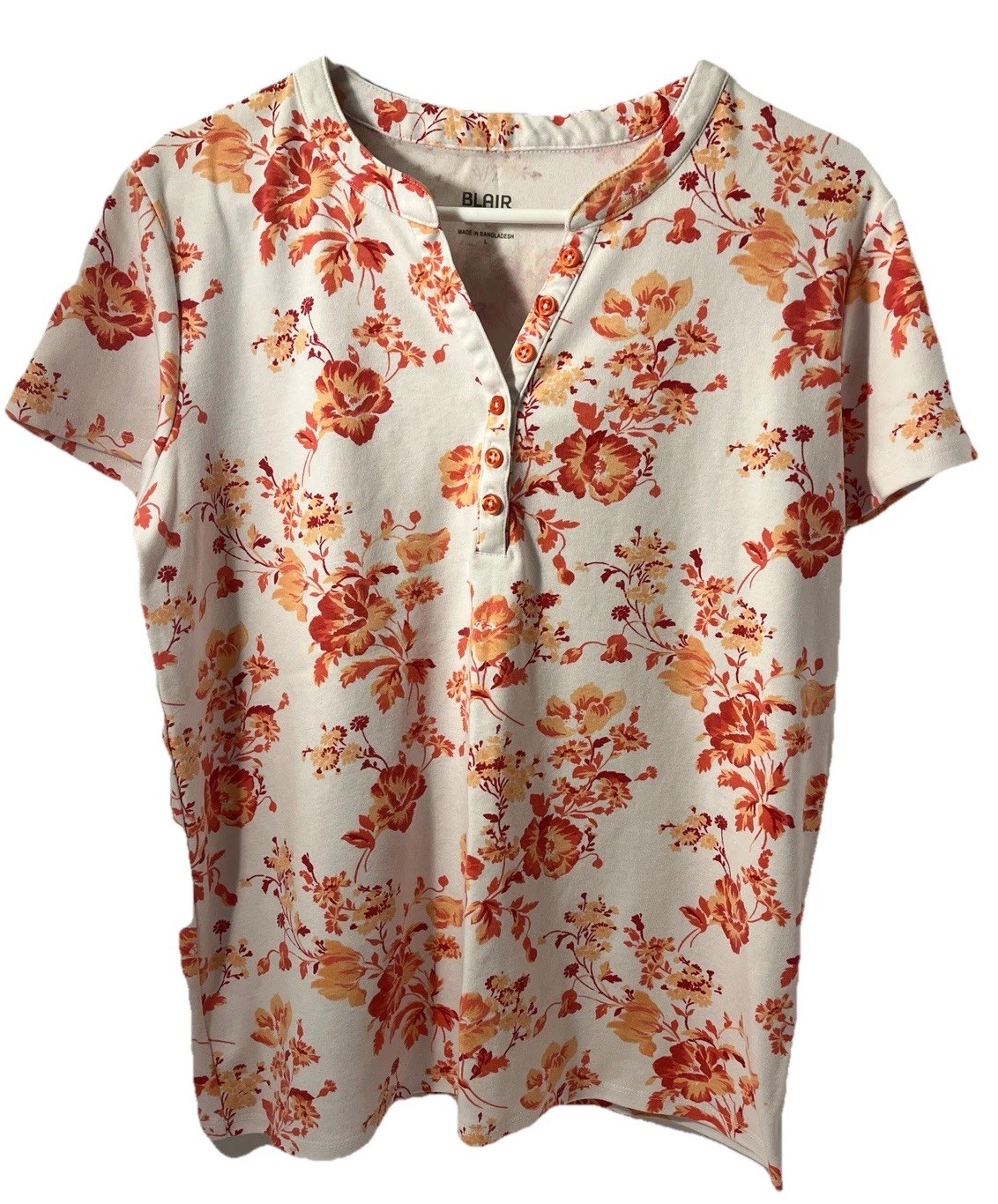 Blair Shirt Women's Size Large Orange White Floral 1/4 Button Up Short Sleeve