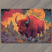 POSTCARD Red Buffalo Desert Dream Surreal Clouds Horned Beast Colorful Fantasy