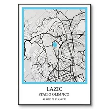 Poster Calcio SS Lazio, Stampa Stadio Olimpico Arena, Mappa Località Stadio, A4