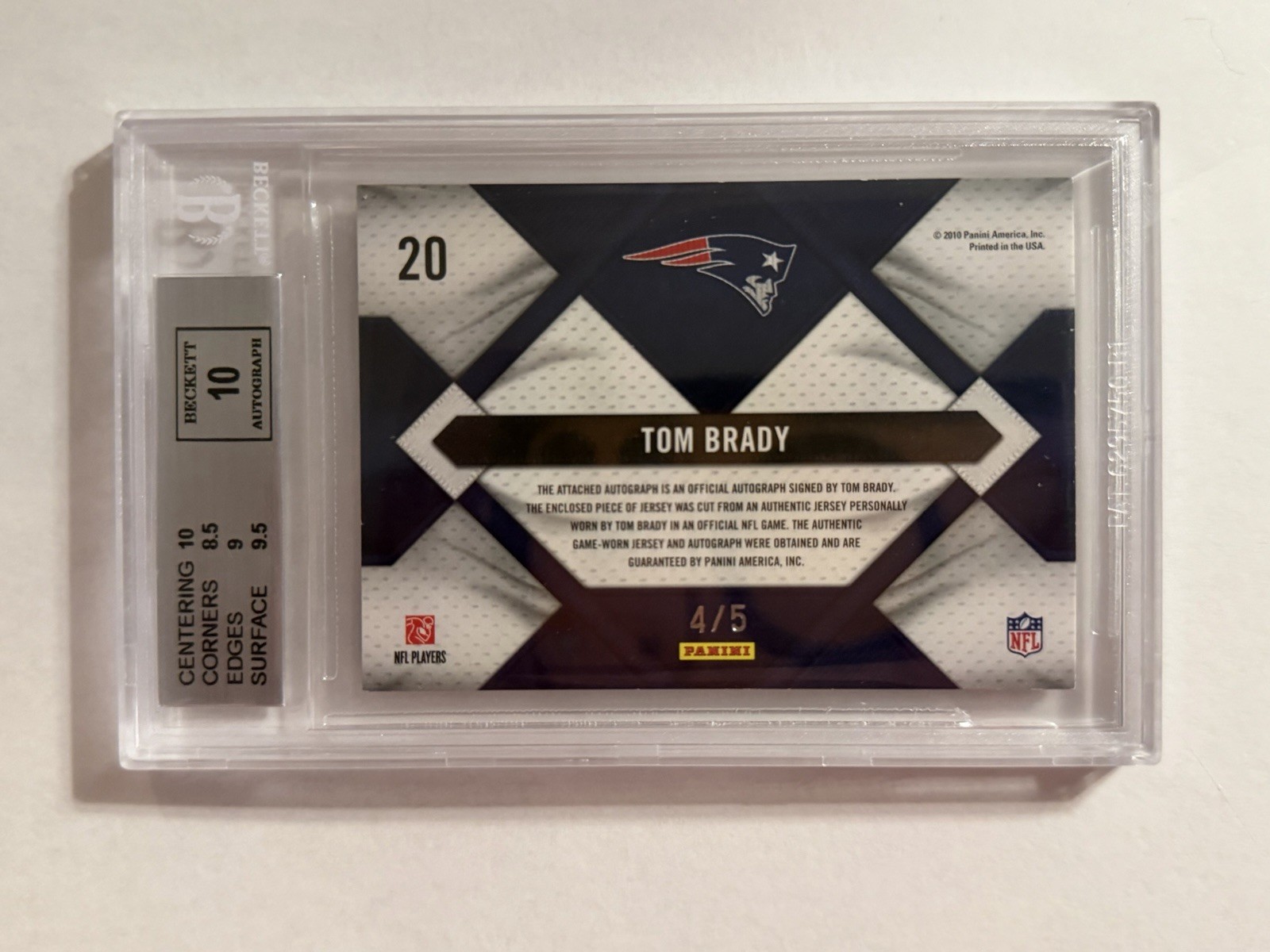 Tom Brady 2010 Threads Franchise Fabrics Game Used Jersey Auto #’d 4/5 BGS 9/10 view 2