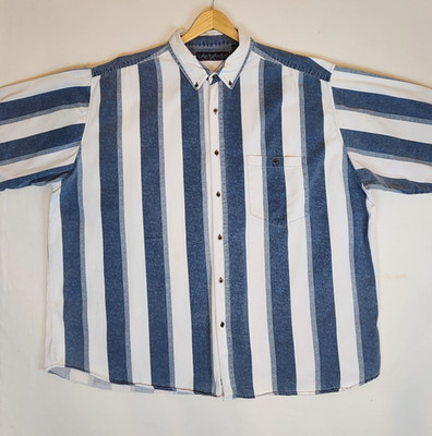 VTG 90s Trespass Casual Short Sleeve Shirt Blue Striped Heavy Cotton Mens 3XL
