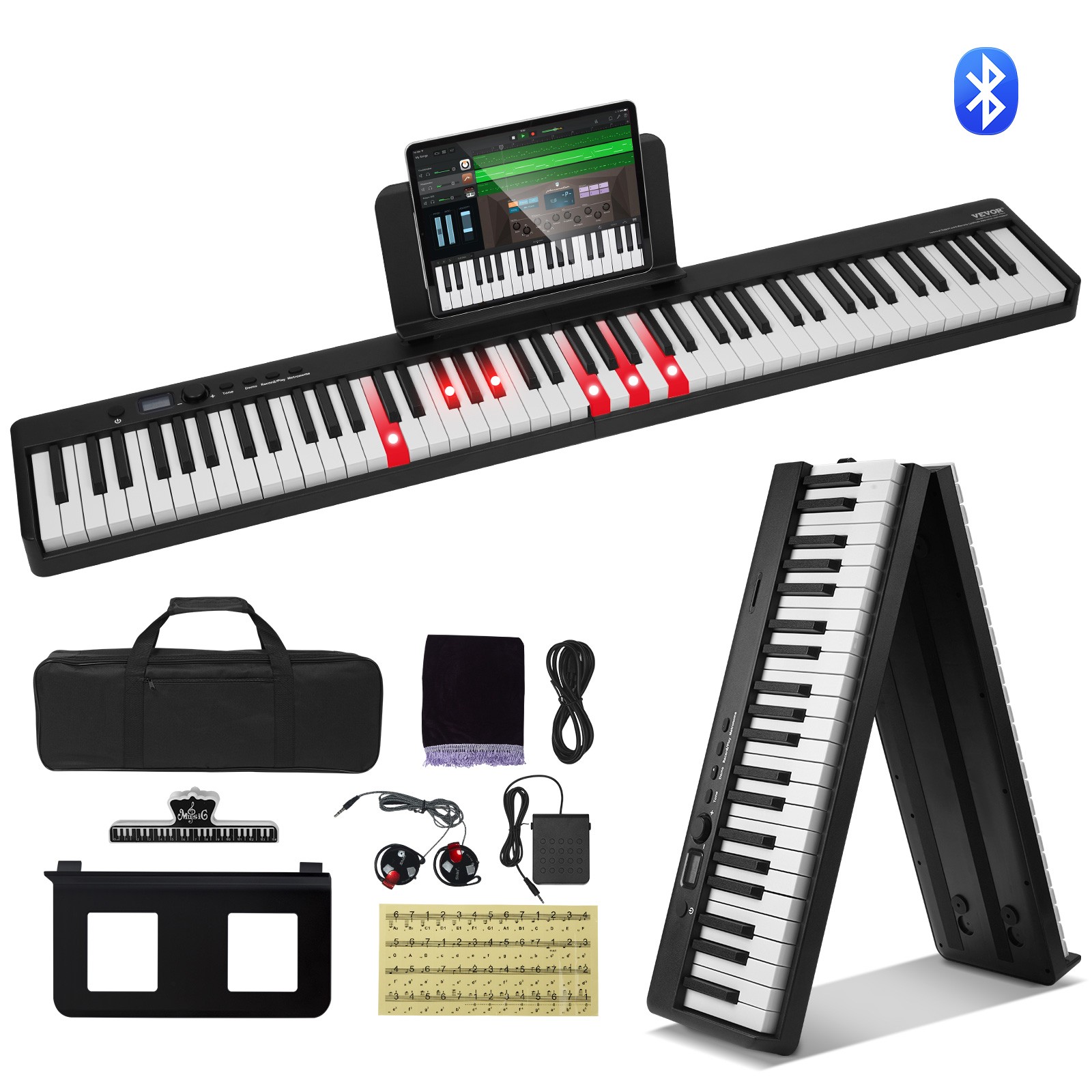 Piano pliable 88 touches portable VEVOR noir doté du Bluetooth sans fil