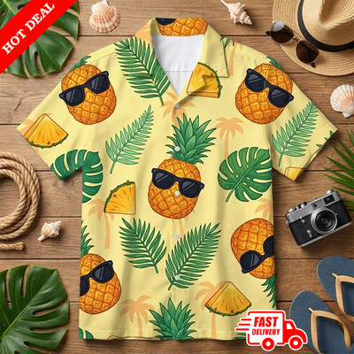 Mens Pineapple Sunglasses Hawaiian Shirt Tropical Yellow Button Down Beach Party