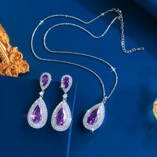 Silver Plated Water Drop Zircon Jewelry Set Women Pendant Necklace Earrings Gift