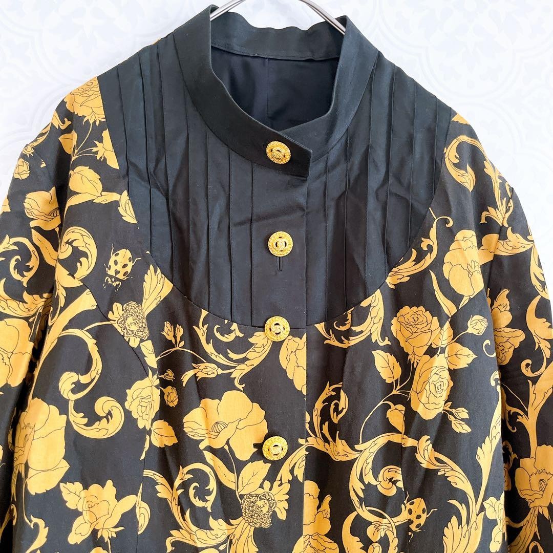 USED VERSACE LONG SLEEVE SHIRT DRESS, FREE SIZE, BLACK & YELLOW, FLORAL PRINT, thumbnail 2