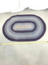 antique rug wool braided  hand made mixed blue 29x42 oval original