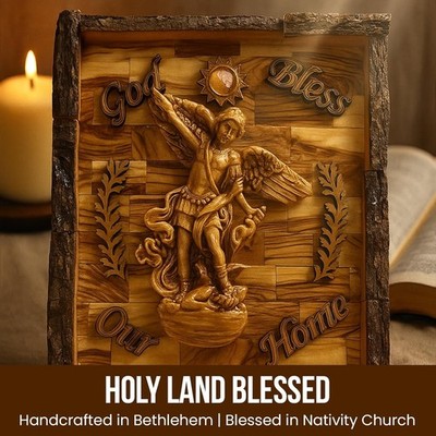 Holy Land Olive Wood St. Michael Archangel Wall Plaque, God Bless Our Home Hand