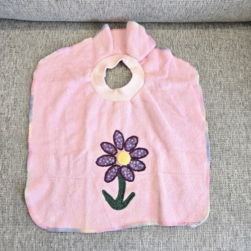 Vtg 80s/90s Cotton Terrycloth Baby Bib Pink Embroidered Flower Textured Button