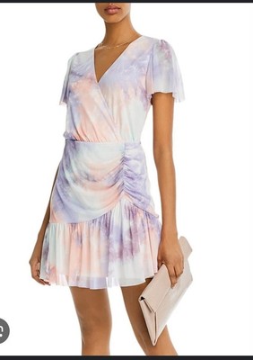 Aqua Flutter-sleeve Mesh Overlay Dress  Sz Small Pink/lavender 