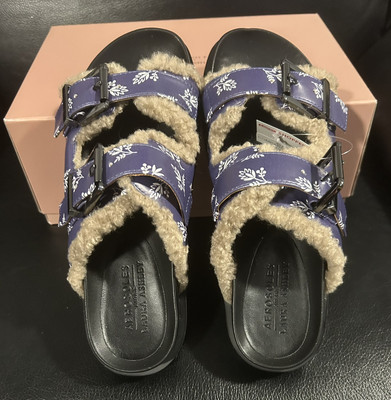 NWT Purple Aerosoles Laura Ashley La Olivia Floral Slides Faux Fur Trim  M