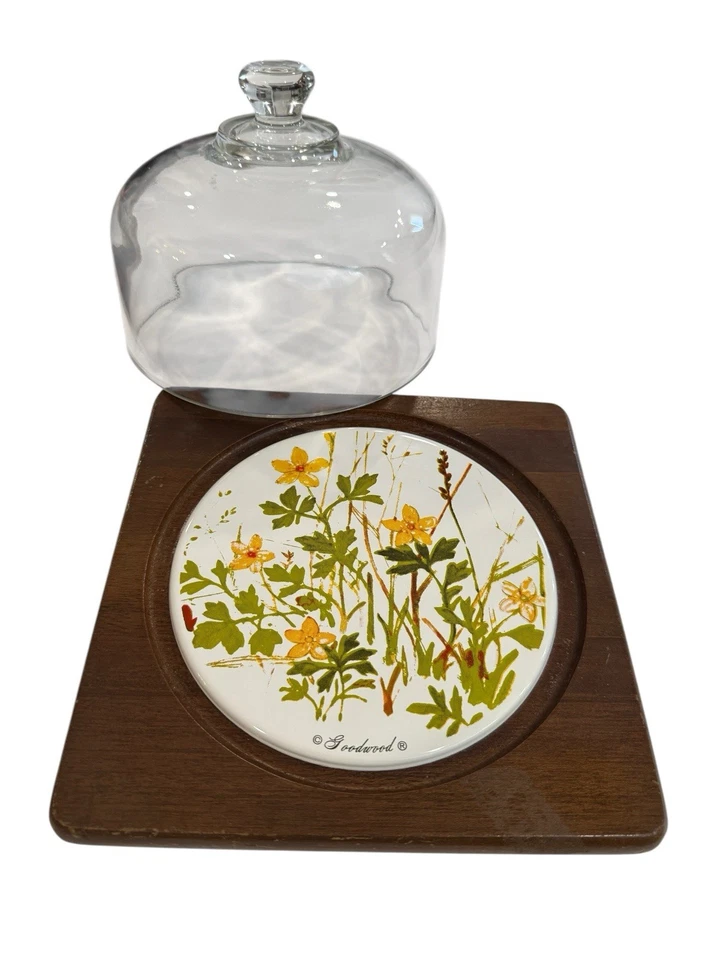 Bandeja de galletas de queso Cloche vintage de teca Goodwood con cúpula de vidrio tablero narciso Foto 4 de 4