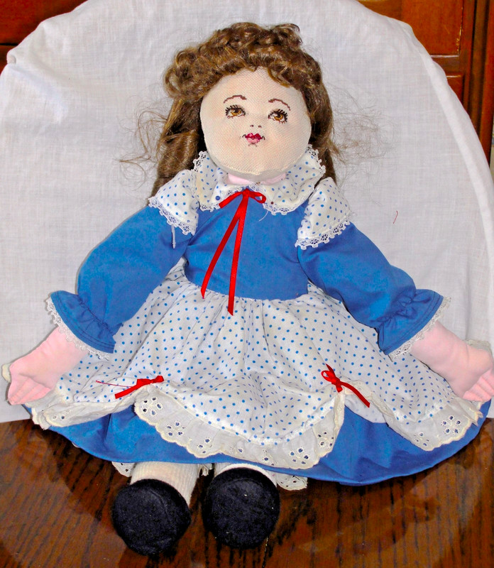 Vintage Girl Rag Doll/about 19"/ Counted Cross Stich face/Finger Curl Wig