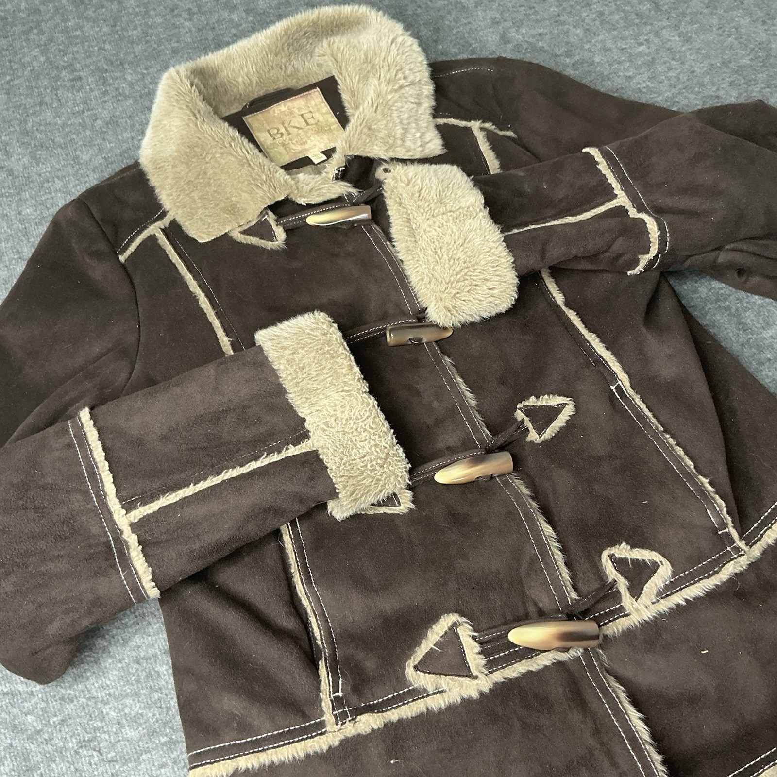 Vintage BKE Toggle Coat Womens Large Y2K Sueded Sherpa Lined Jacket Brown