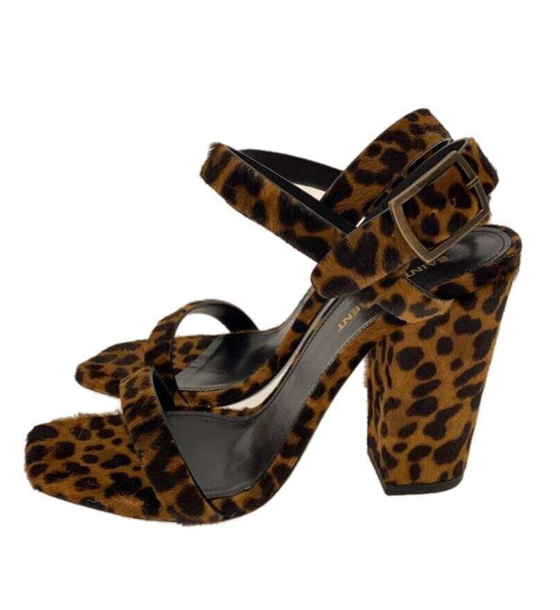 Sandali Saint Laurent donna punta quadrata stampa leopardata cinturino alla caviglia taglia 38 5