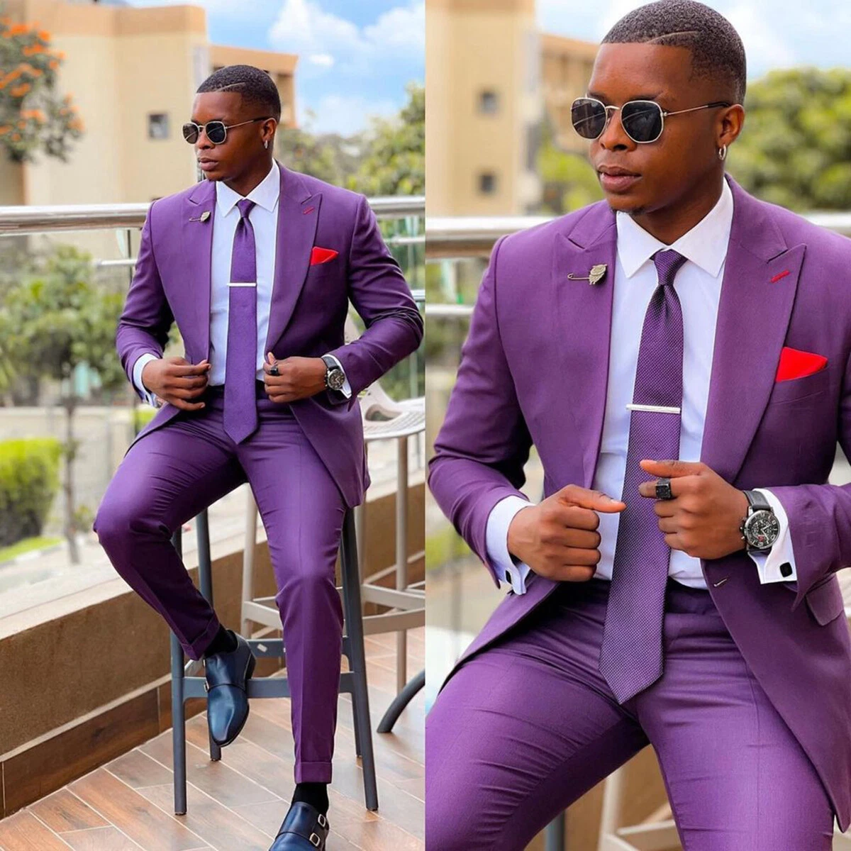 Groom Suit Men's Suit Fashion Purple Lapel Slim Fit Suit Wedding Business  Party