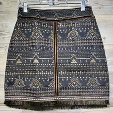 Esqualo Aztec Fringe Mini Skirt Southwestern Velvet Metallic Detail Lined Size 6