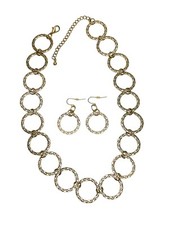 Matte Gold Tone Etched Open Circle Necklace Earrings Set Swirl Fashion Costume