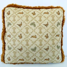 Provence French Country Cottage Ivory Gold Pillow Fringe Rabbit Chicken Squirrel
