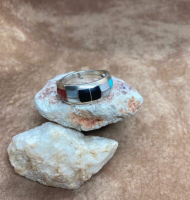 Gorgeous Inlay Ring -Multi-Stone Sterling Ring Signed by Artist Geneva Terraza