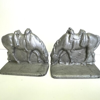 2 Vtg Aluminum Horse Bookends Old West Cowboy Equestrian Silver Metal Farmhouse
