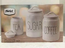 New in Sealed Box*Parnini 3 Piece Ceramic Canister Set*Tea/Sugar/Coffee Storage