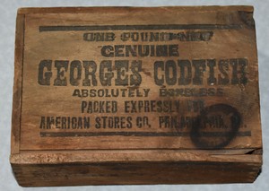 Antique Wood Slide Top Box - Georges Codfish - American Antique Wood Slide Top Box - Georges Codfish - American