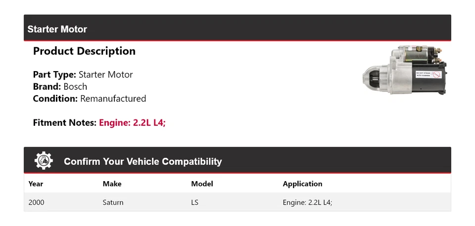 For 2000 Saturn LS 2.2L L4 Bosch Starter (Remanufactured) - Image 2 of 4