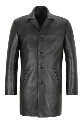 Authentic Men's Black Classic 4 Button REAL LEATHER Knee Length Trench Coat
