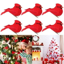 Decorative Red Bird Ornaments Clip-on Red 6Pcs Cardinals Feathered Birds Decor