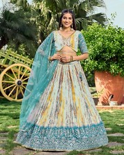 Beautiful Chinnon Silk Rama Fancy Lehenga Choli With Dupatta For Reception